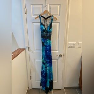 Long Cache Blue Floral Beaded Strappy Open Back Dress Size 2
